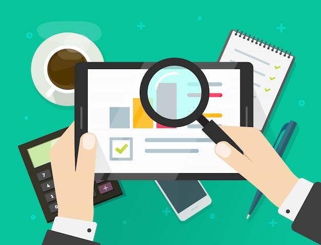 Premium Vector | Electronic audit sales data research report on tablet or financial quality analysis statistics with growth charts illustration flat cartoon